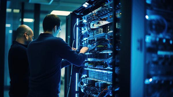 Two workers looking at wires in a data centre